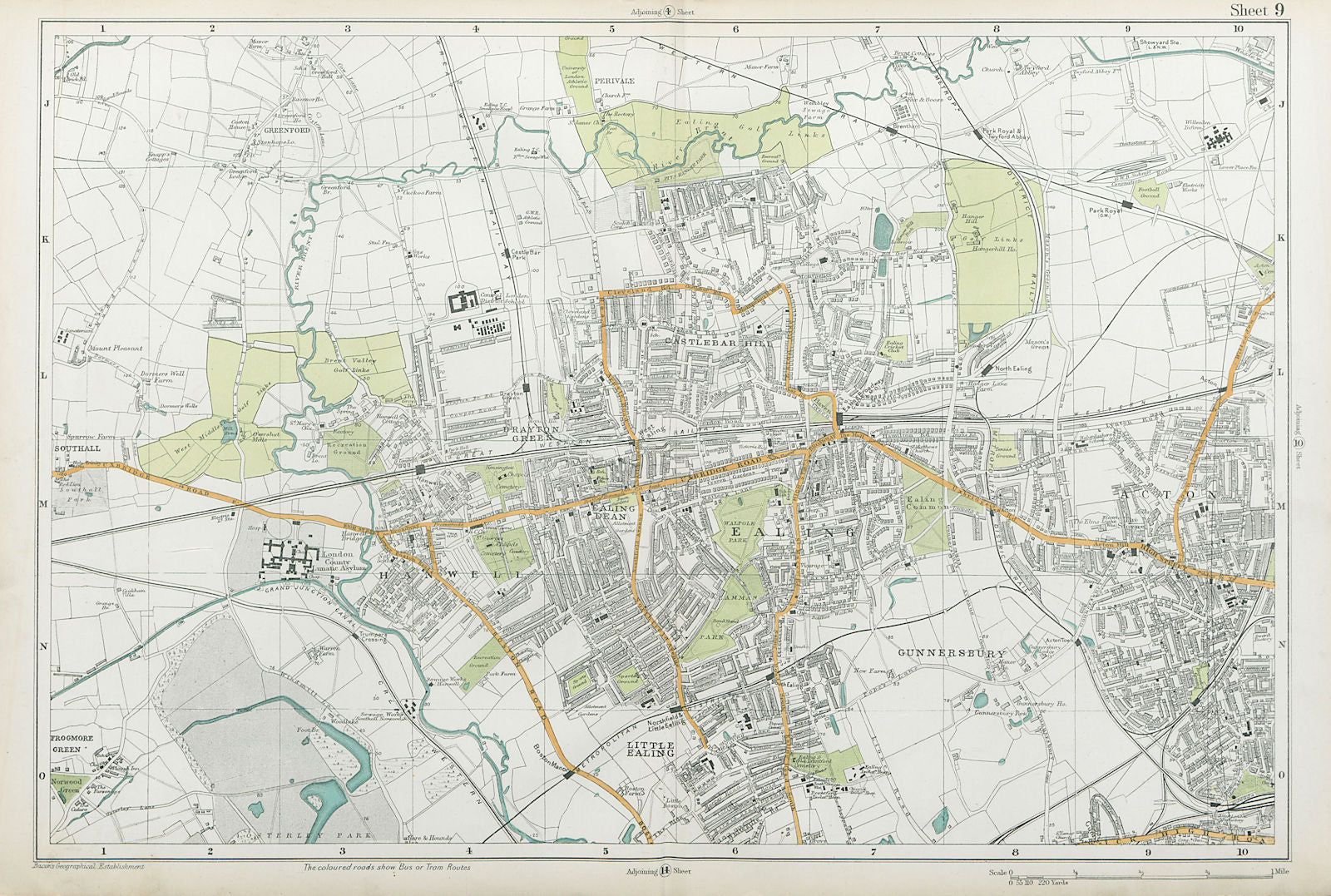 EALING/ACTON Greenford Hanwell Gunnersbury Perivale Hanger Lane. BACON  1920 map